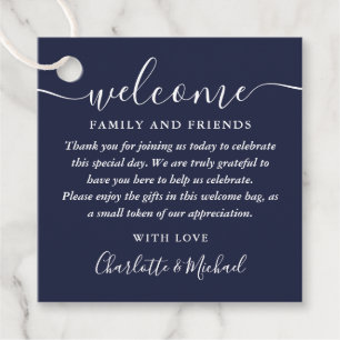 Navy Blue Script Wedding Welcome Gift Basket Bag Favour Tags