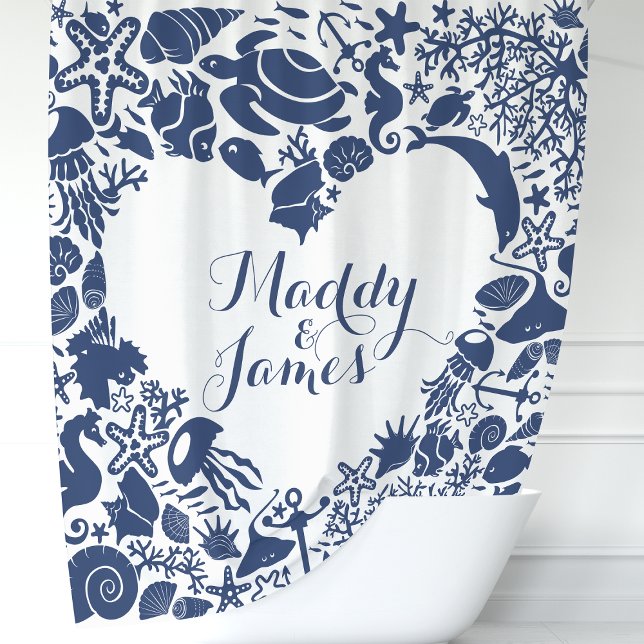 Navy Blue Sea Creatures Couples Heart Monogram Shower Curtain (Creator Uploaded)