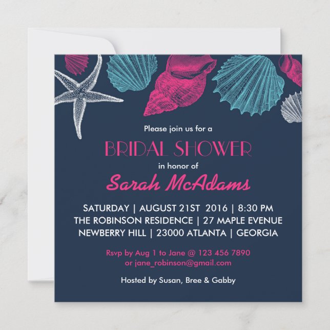 Navy Blue Sea Shell Bridal Shower Invitation (Front)