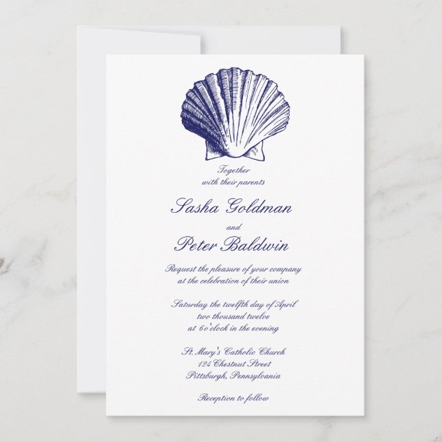 Navy Blue Sea Shells Wedding Invitation (Front)