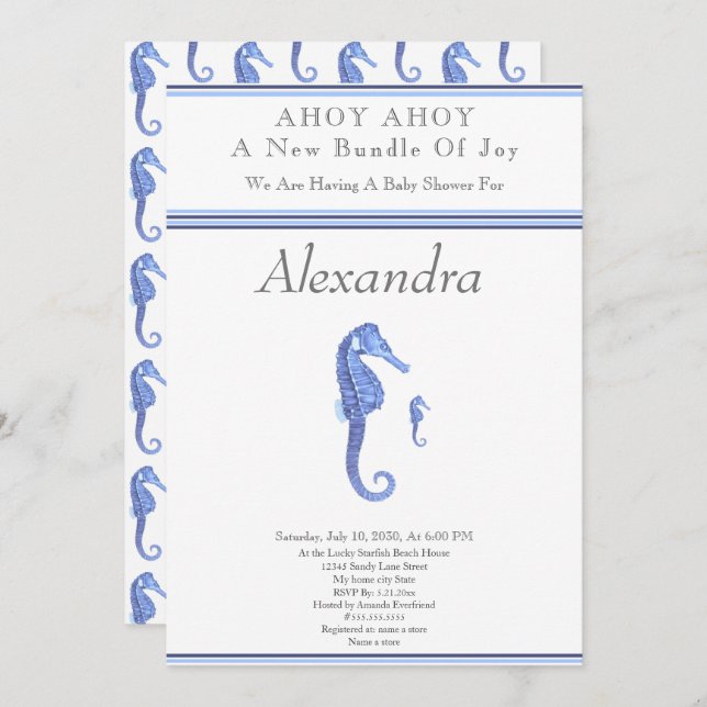 Navy Blue Seahorse Ahoy it's a boy Baby Shower (Front/Back)