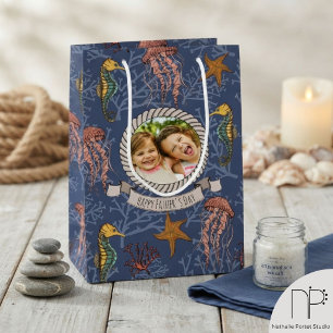 Navy Blue Seahorse Serenade Custom Photo & Text Medium Gift Bag
