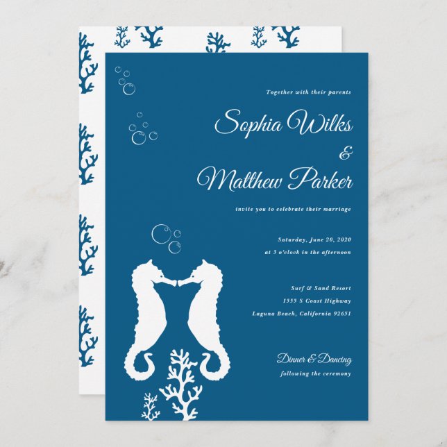 Navy Blue Seahorse Wedding Invitation (Front/Back)