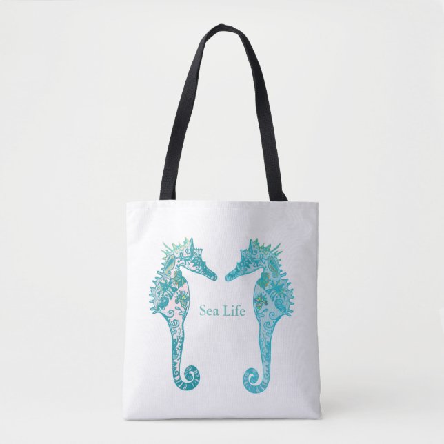 Navy blue seahorses Sea Life art drawing tote (Front)