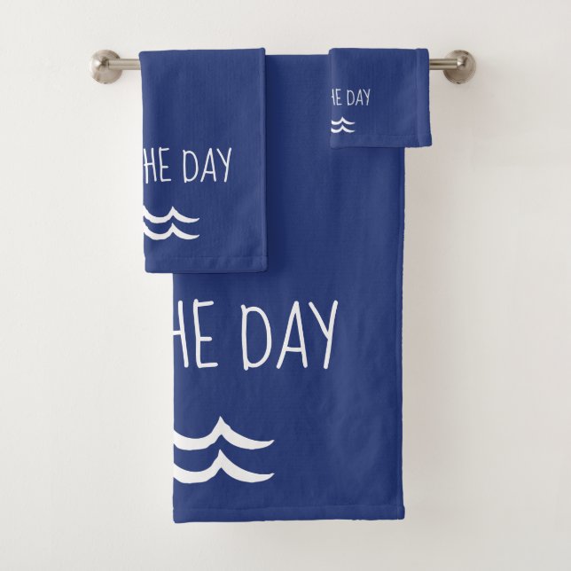 Navy Blue Seas the Day Waves Nautical Bath Towel Set (Insitu)