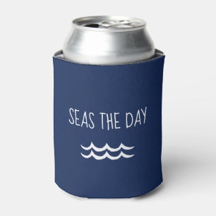 Navy Blue Seas the Day Waves Nautical Can Cooler