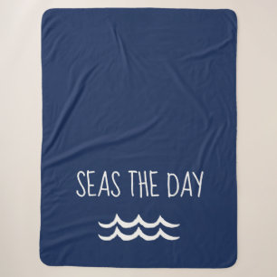 Navy Blue Seas the Day Waves Nautical Sherpa Blanket