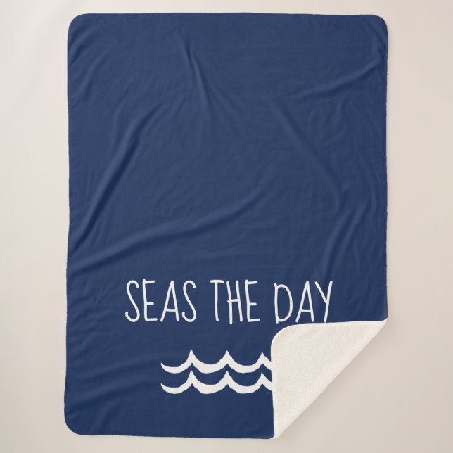 Navy Blue Seas the Day Waves Nautical Sherpa Blanket (Front)