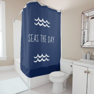 Navy Blue Seas the Day Waves Nautical Shower Curtain