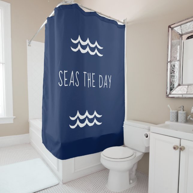 Navy Blue Seas the Day Waves Nautical Shower Curtain (In Situ)