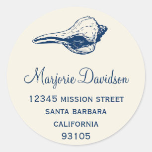 Navy blue seashell beach life circle address label