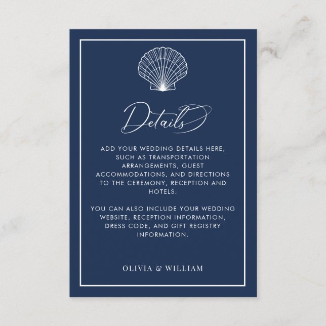 Navy Blue Seashell Beach Wedding Details Enclosure Card (Front)