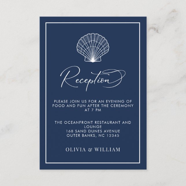 Navy Blue Seashell Beach Wedding Reception Enclosure Card (Front)