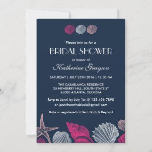 Navy Blue Seashells Invitation for Summer Wedding