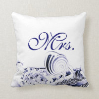 Navy Blue Seashells Mr. & Mrs. Pillow Set of Two