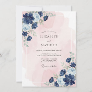 Navy Blue Serene Blossom Wedding Invitation