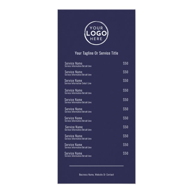 Navy Blue Services Menu Rack Card (Front)