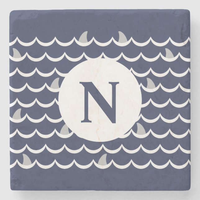Navy Blue Shark Fin Monogram  Stone Coaster (Front)