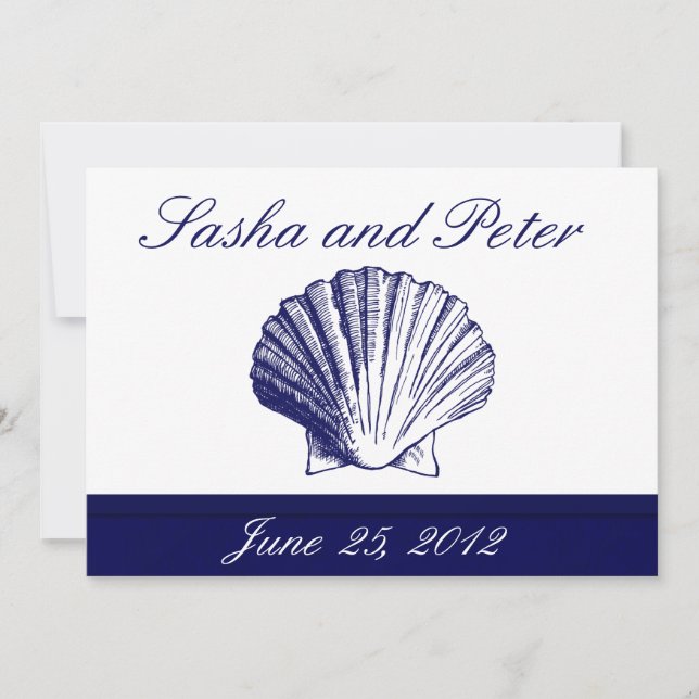 Navy Blue Shell Beach Wedding Invitations (Front)
