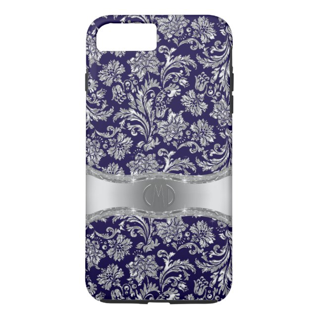 Navy Blue & Shiny Silver Floral Damasks Case-Mate iPhone Case (Back)