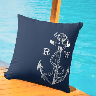 Navy Blue Ship Nautical Anchor & Rope Monogram Cushion