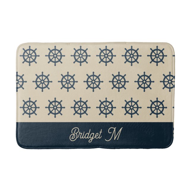 navy blue ship wheel & Monogram Beige Coastal home Bath Mat (Front)