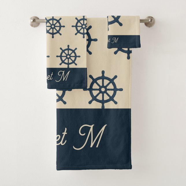 navy blue ship wheel & Monogram Beige Coastal home Bath Towel Set (Insitu)