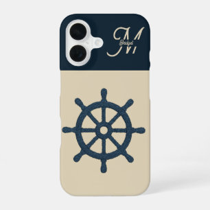 navy blue ship wheel & Monogram Beige Coastal home iPhone 16 Case
