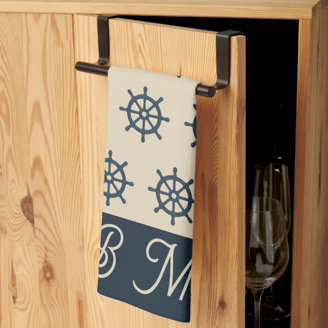 navy blue ship wheel & Monogram Beige Coastal home Tea Towel (Thirds Fold)