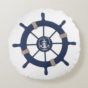 Navy Blue Ship Wheel Round Pillow