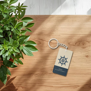 navy blue ship wheel with Name and Coordinates Key Ring