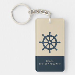 navy blue ship wheel with Name and Coordinates Key Ring