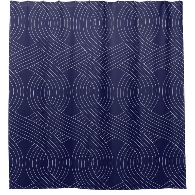 Navy Blue Shower Curtain, White Interlocking Lines Shower Curtain (Front)