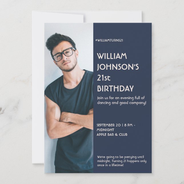 Navy Blue Sidebar Photo 21st Birthday invitation F (Front)