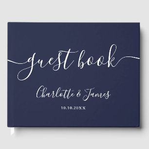 Navy Blue Signature Script Photo Wedding Guest Book