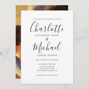 Navy Blue Signature Script Photo Wedding Invitation