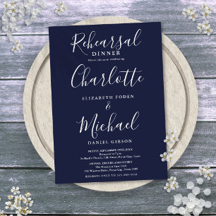 Navy Blue Signature Script Rehearsal Dinner Invitation