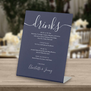 Navy Blue Signature Script Wedding Drinks Menu Pedestal Sign
