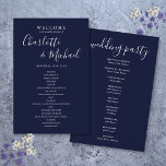 Navy Blue Signature Script Wedding Program<br><div class="desc">Elegant navy blue signature script wedding welcome program featuring signature style names. Personalise with your wedding details in modern white lettering. Designed by Thisisnotme©</div>