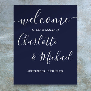 Navy Blue Signature Script Wedding Welcome Sign