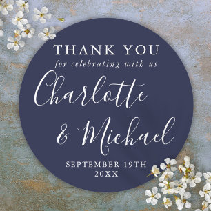 Navy Blue Signature Wedding Favour Thank You  Classic Round Sticker