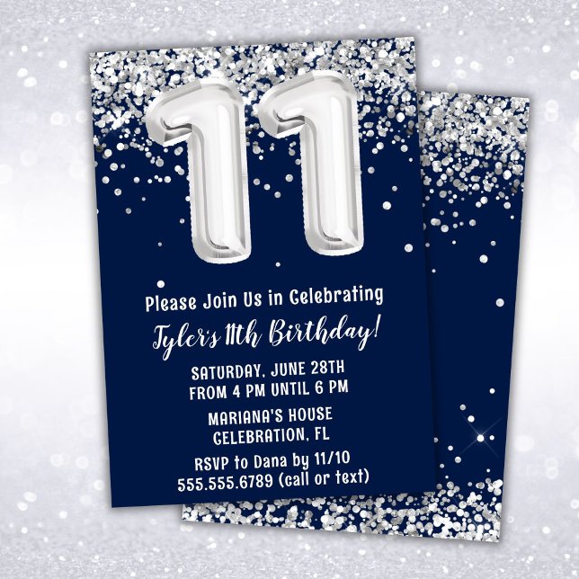 Navy Blue Silver 11th Birthday Party Invitation (Creator Uploaded)