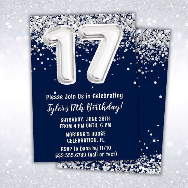 Navy Blue Silver 17th Birthday Party Invitation (Creator Uploaded)