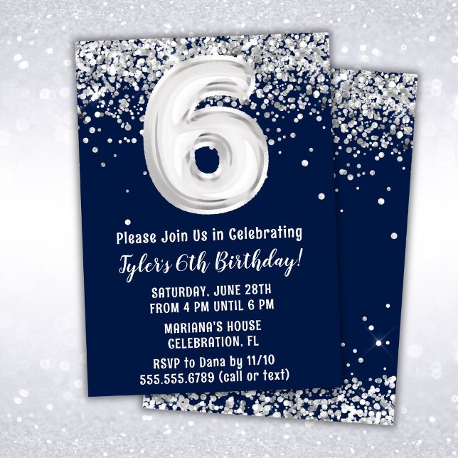 Navy Blue Silver 6th Birthday Party Invitation (Creator Uploaded)