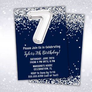Navy Blue Silver 7th Birthday Party Invitation