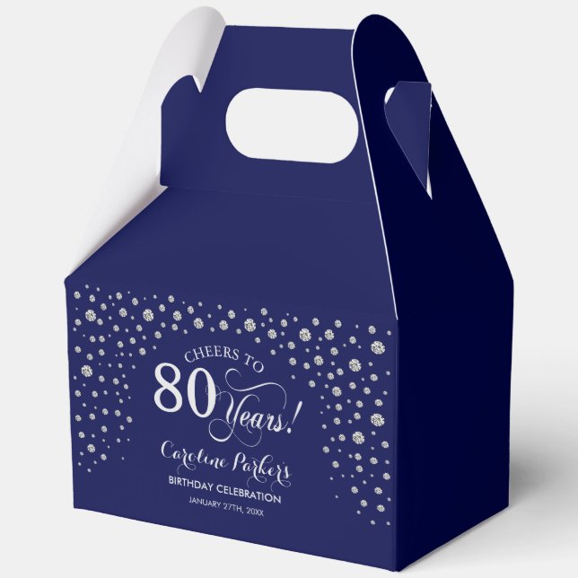 Navy Blue Silver 80th Birthday Favour Box (Front)