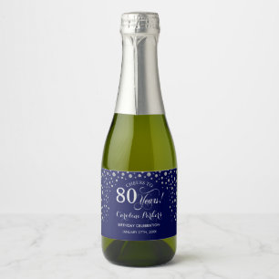 Navy Blue Silver 80th Birthday Sparkling Wine Label