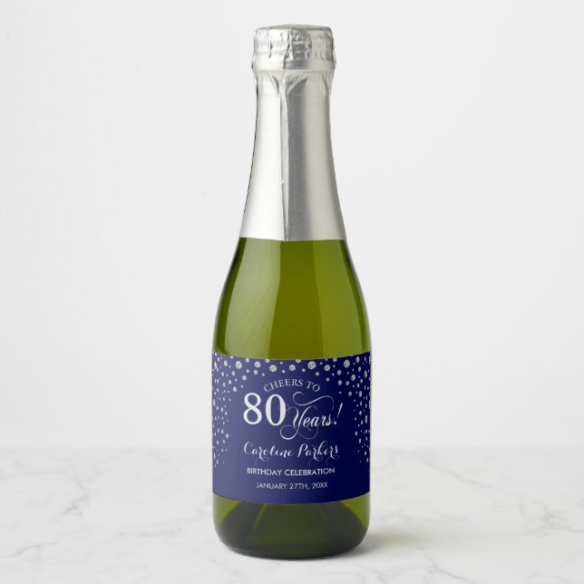 Navy Blue Silver 80th Birthday Sparkling Wine Label (Front)