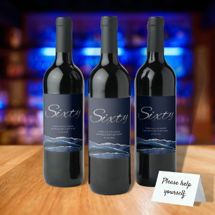 Navy Blue Silver Agate 60th Birthday Wine Label