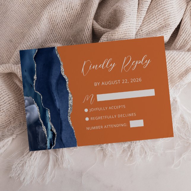 Navy Blue Silver Agate Burnt Orange Script  RSVP Card (Creator Uploaded)